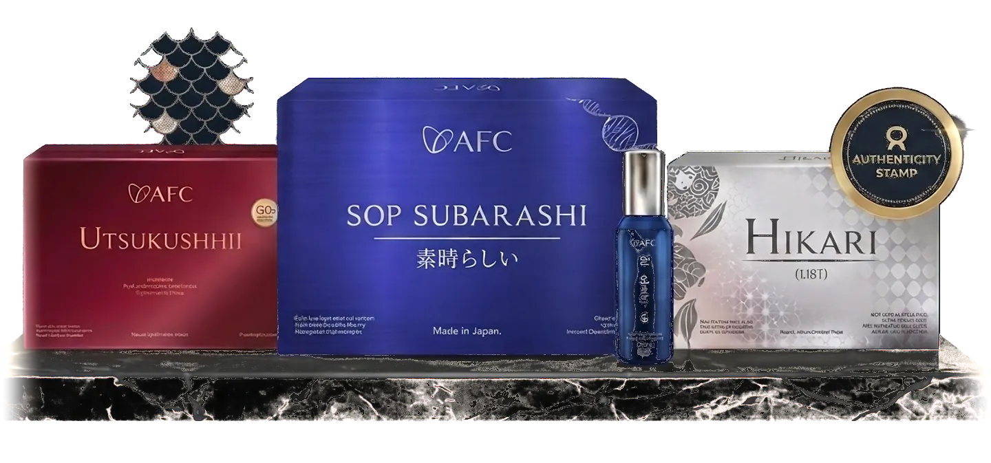 Empat produk AFC Jepang di atas alas marmer: Utsukushhii Gold, SOP Subarashi Gold, serum Sensei Suru, dan Hikari